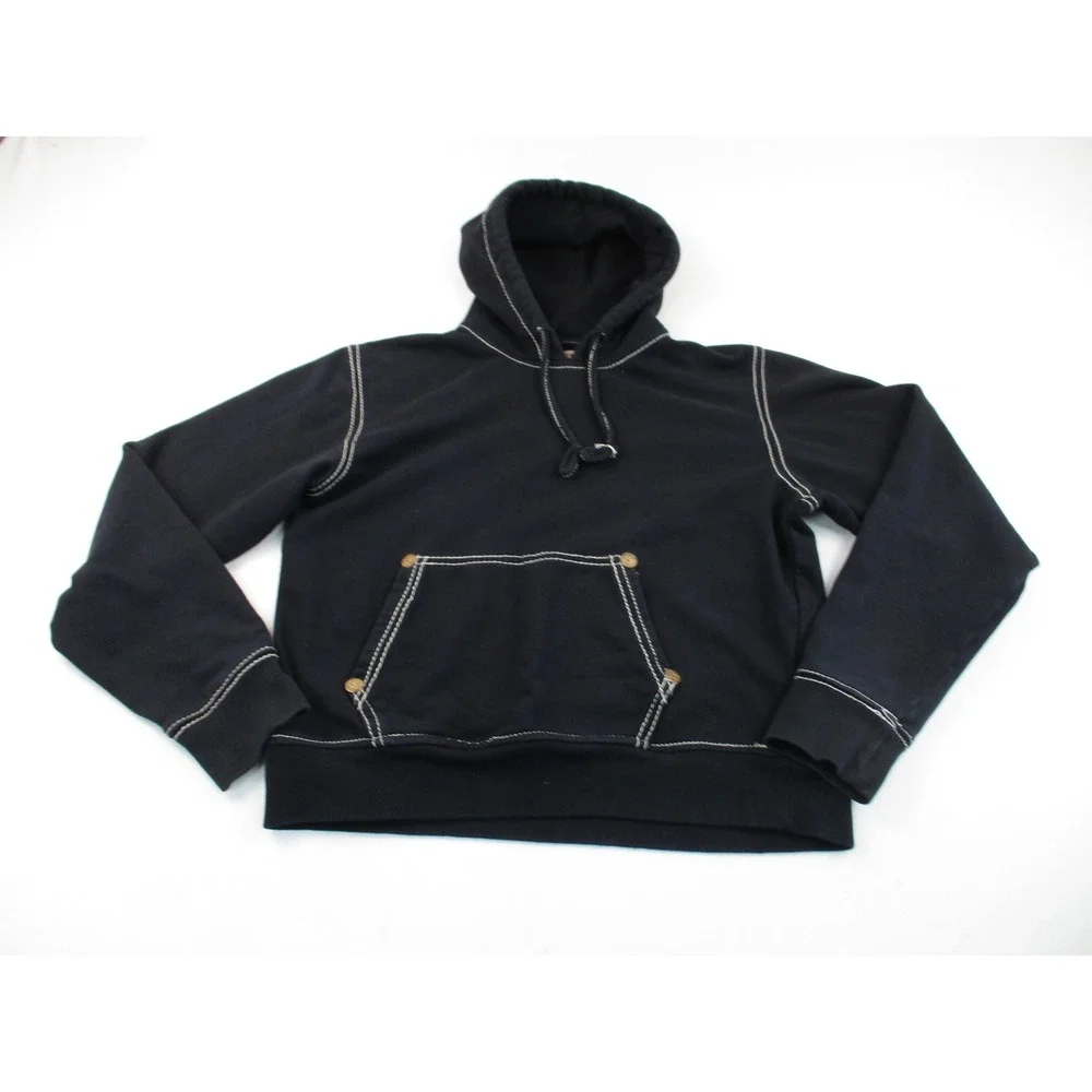 True Religion Hoodie Mens XL Black Big T Pullover Contrast Stitch Utility